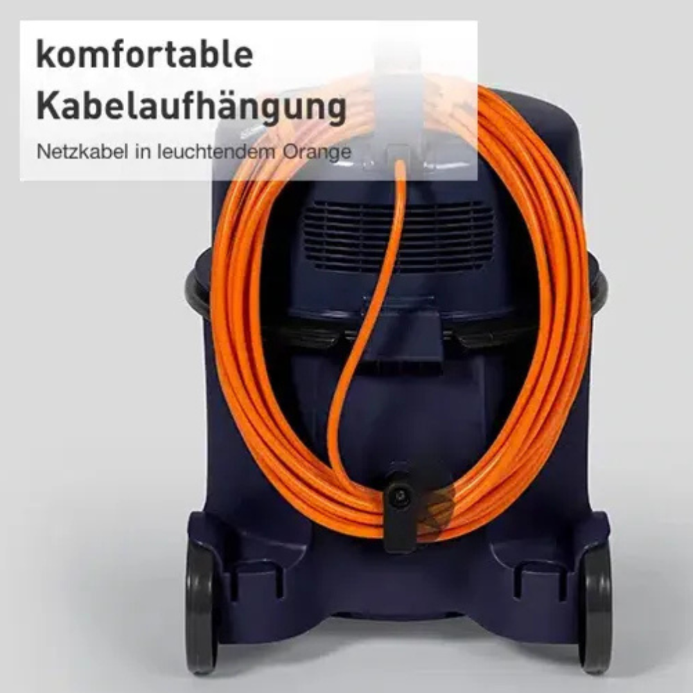 Dunkelblaues Gerät mit Kabelaufhängung und orangefarbenem Kabel.