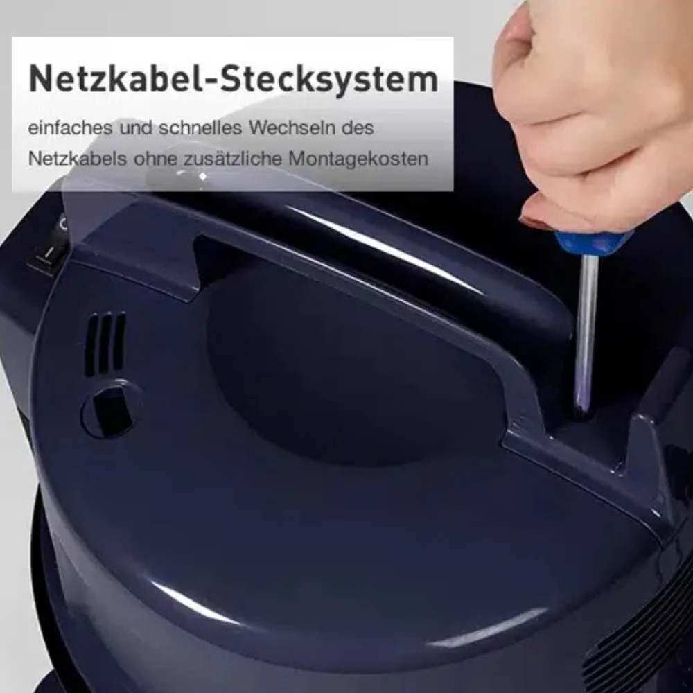 Hand schraubt an blauem Gerät. Text: Netz-Stecksystem.
