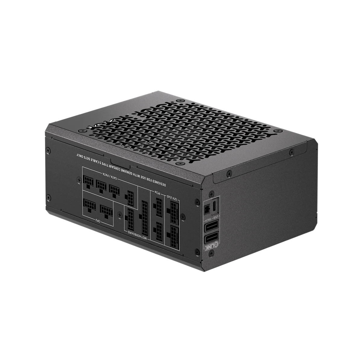 Fuente de alimentación negra con puertos para CPU, Placa base, SATA/PATA, PCI-e y USB.