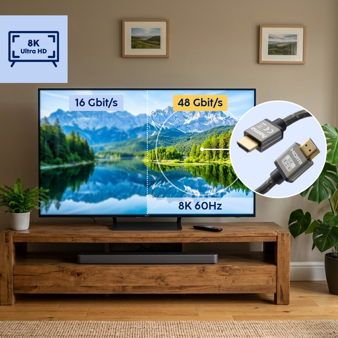 Telewizor wyświetla 8K 60Hz przy 16/48 Gbit/s; zbliżenie kabla HDMI.