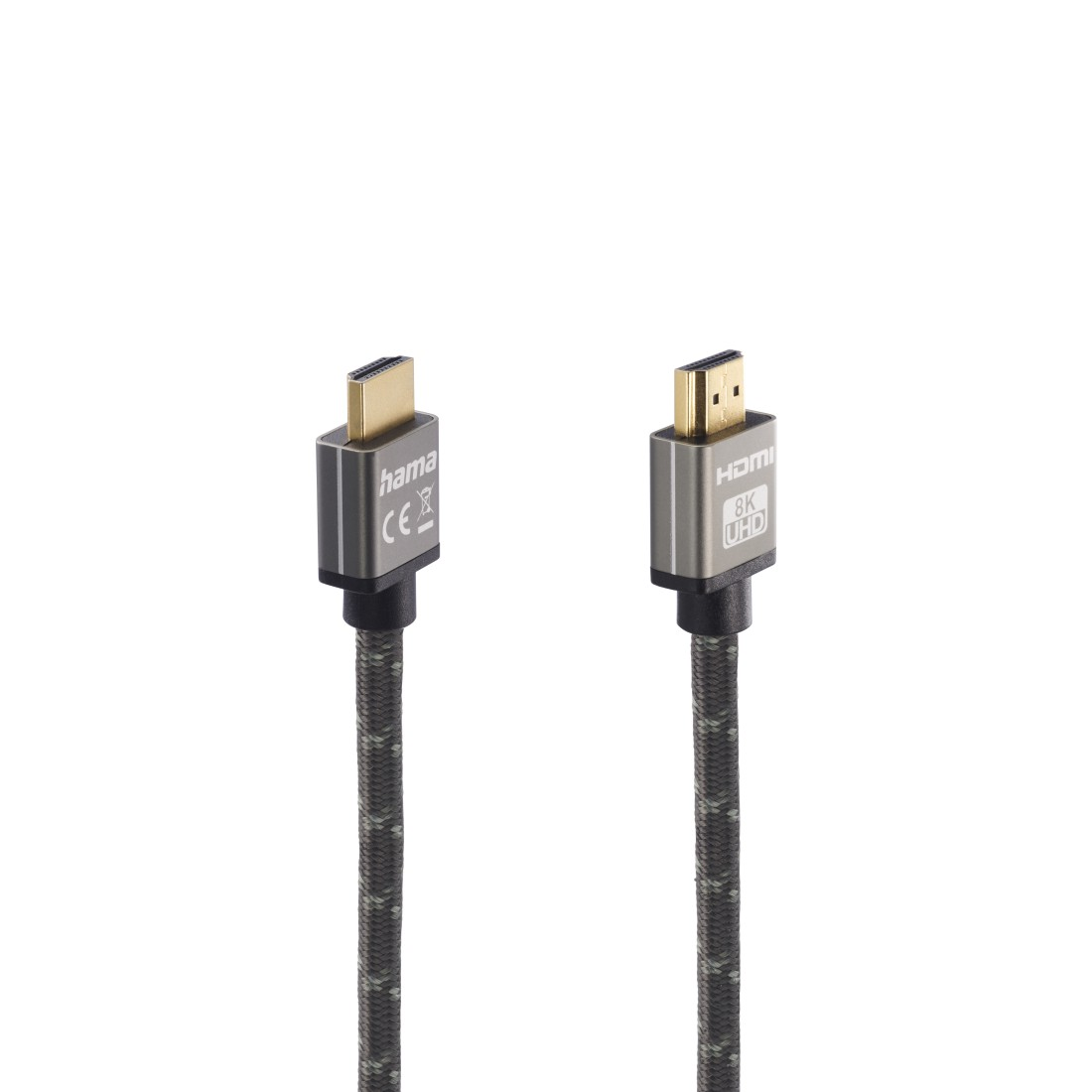 Dwa złącza kabla HDMI z logo Hama i oznaczeniem 8K UHD na białym tle.