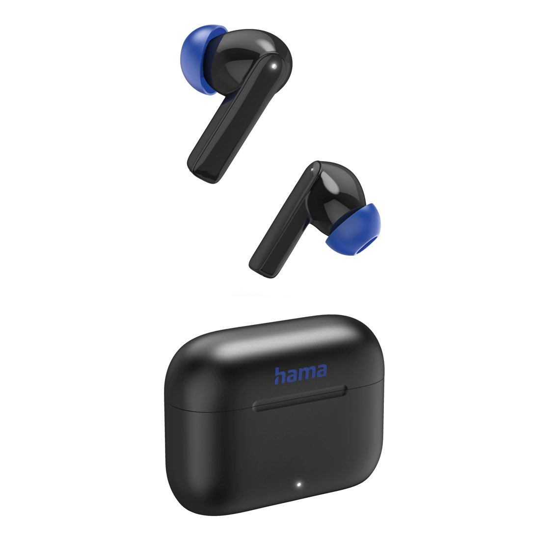Schwarze kabellose Ohrhörer mit blauen Spitzen und Ladecase mit Hama-Logo.