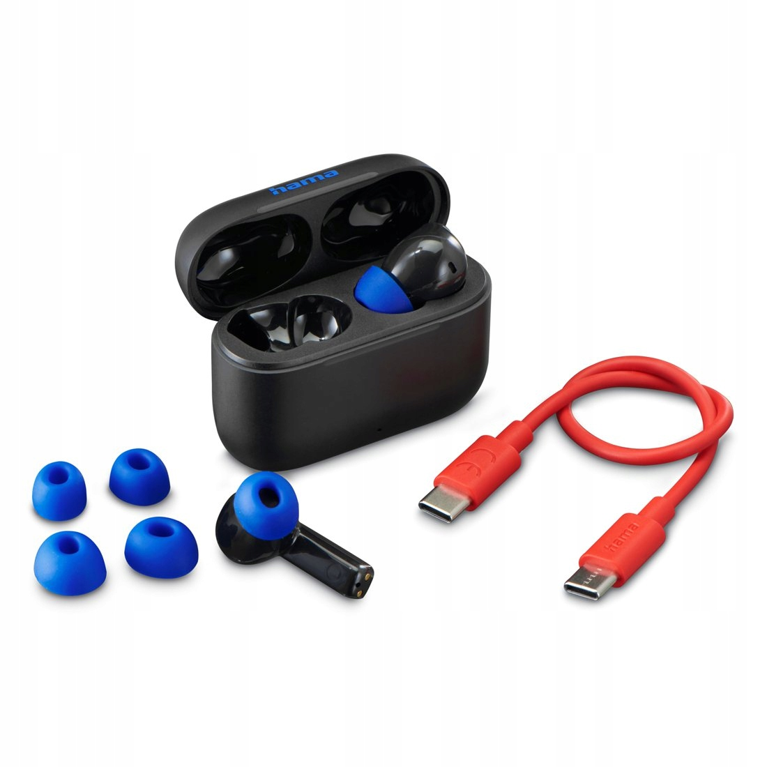 Schwarze Ohrhörer mit blauem Akzent, Ladecase, Ersatz-Ohrstöpsel und rotem USB-C-Kabel.