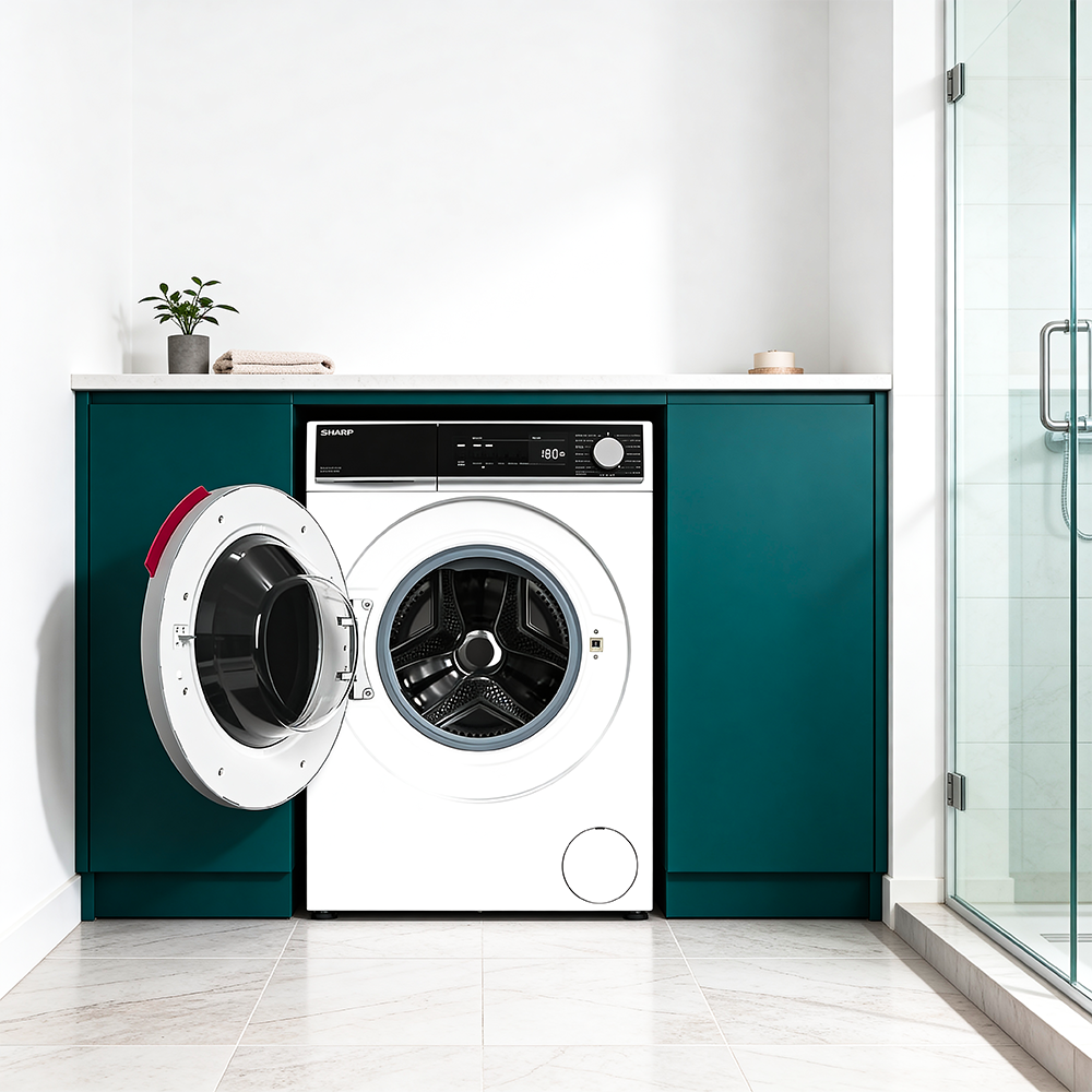 A white washing machine with its door open, situated next to a shower area.