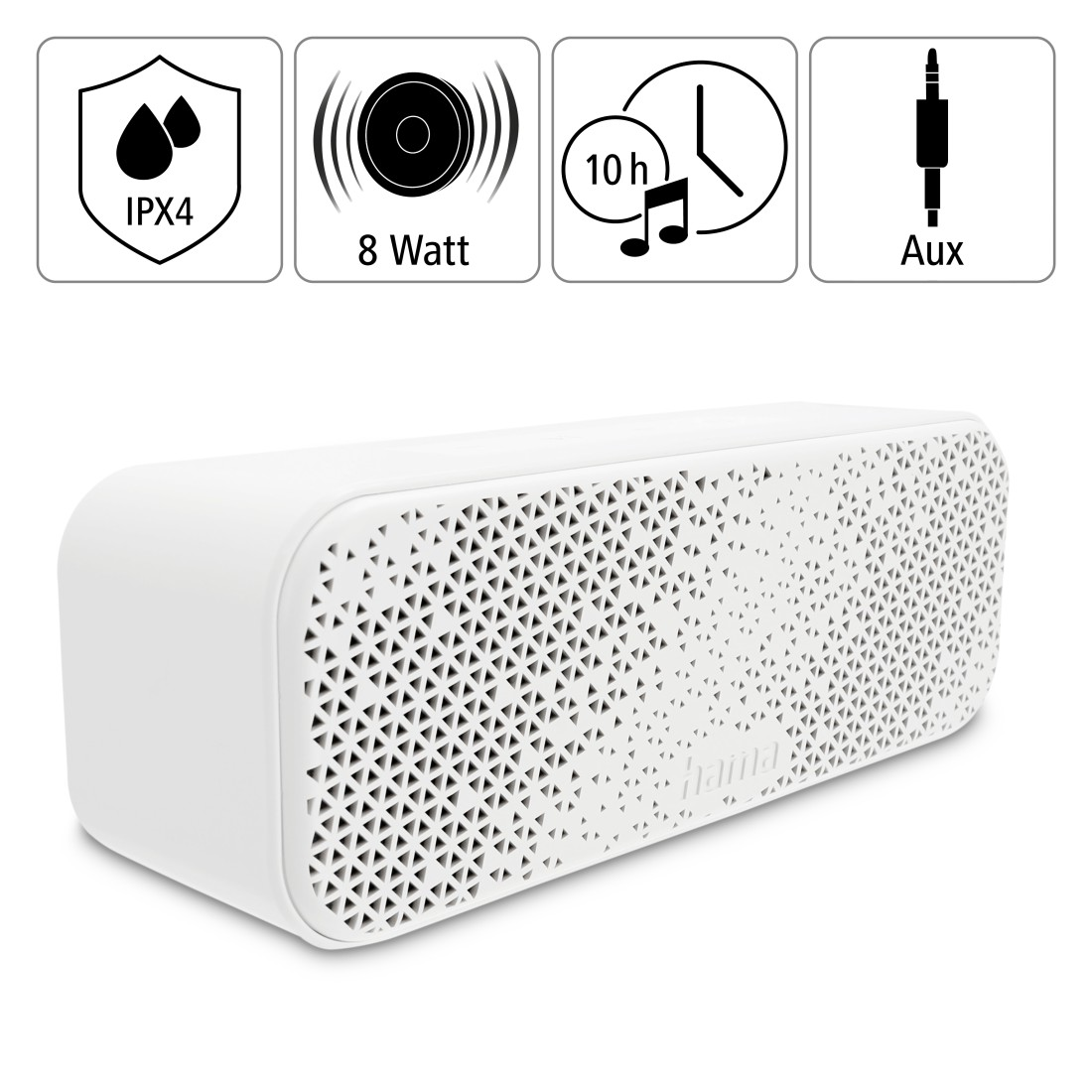 Biały głośnik Bluetooth IPX4, 8W, 10h bateria, wejście Aux.