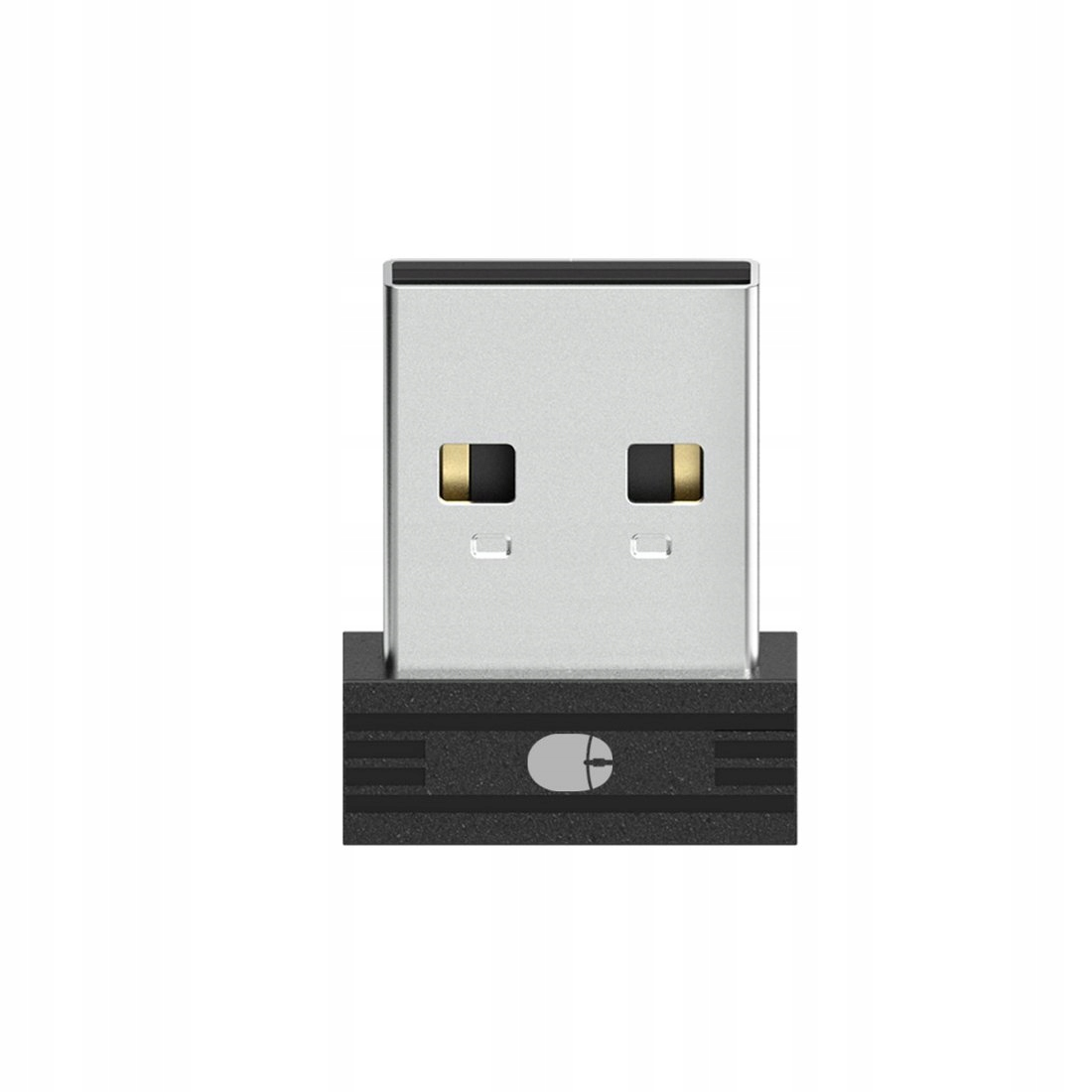 Ein kleiner schwarzer USB-Dongle mit einem silbernen Stecker mit zwei Kontakten und einem Maus-Symbol.