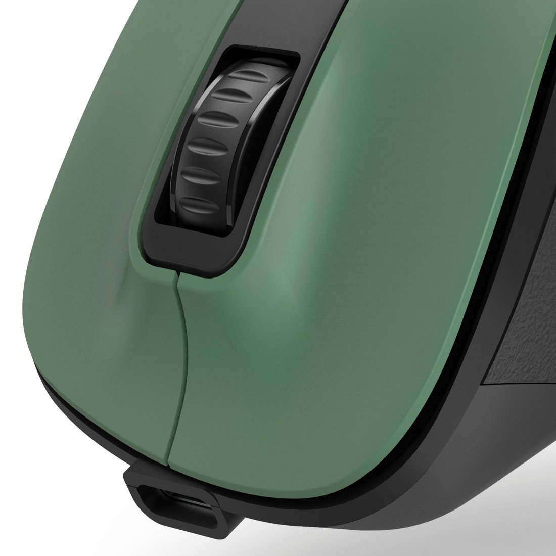 Grüne Computermaus mit schwarzem Scrollrad und Rillen.