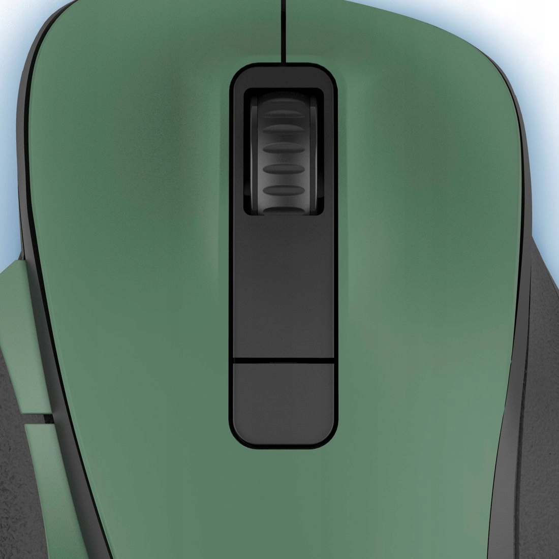 Grüne Computermouse mit schwarzem Scrollrad und Tasten.