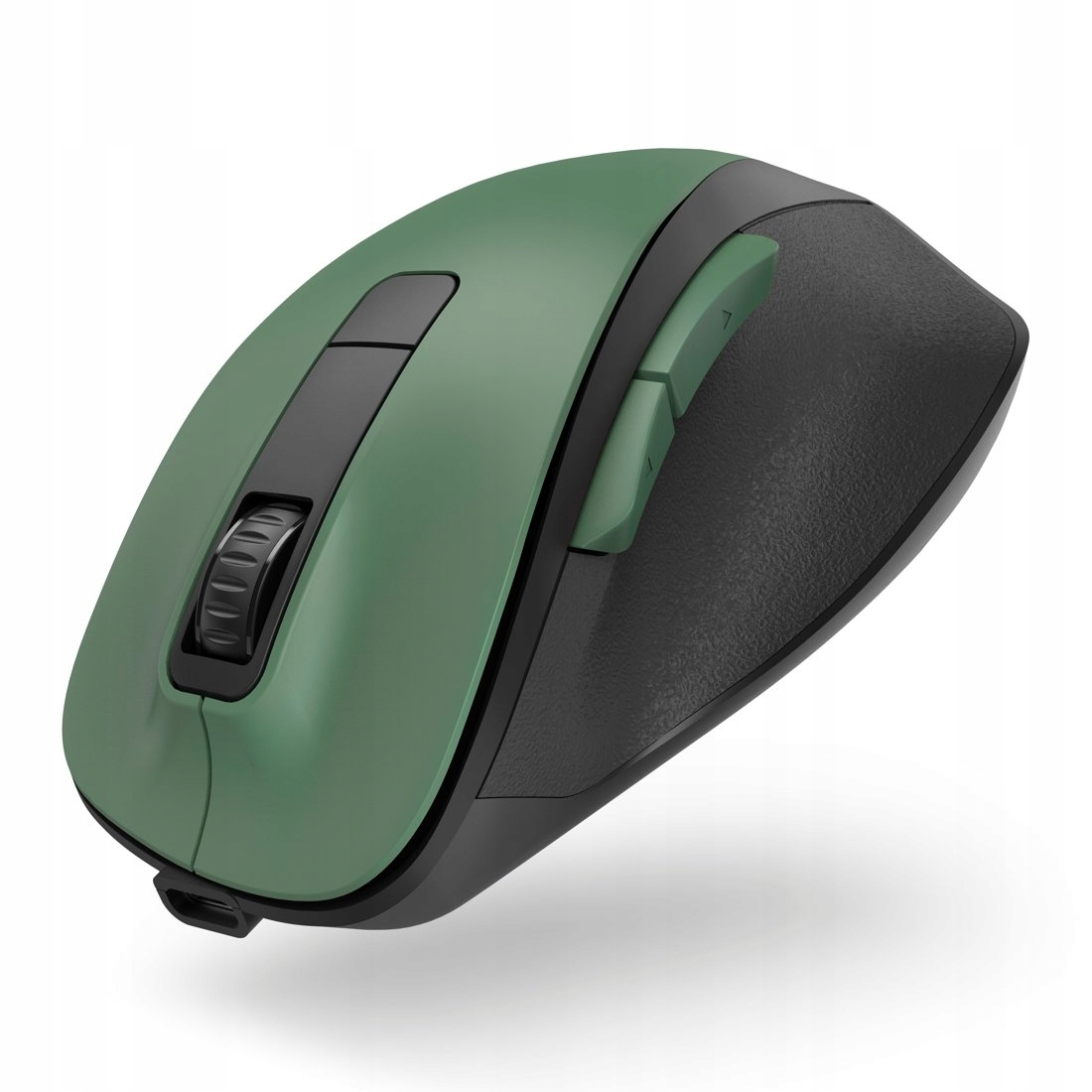 Eine grüne und schwarze Computermaus mit Scrollrad und Seitentasten.