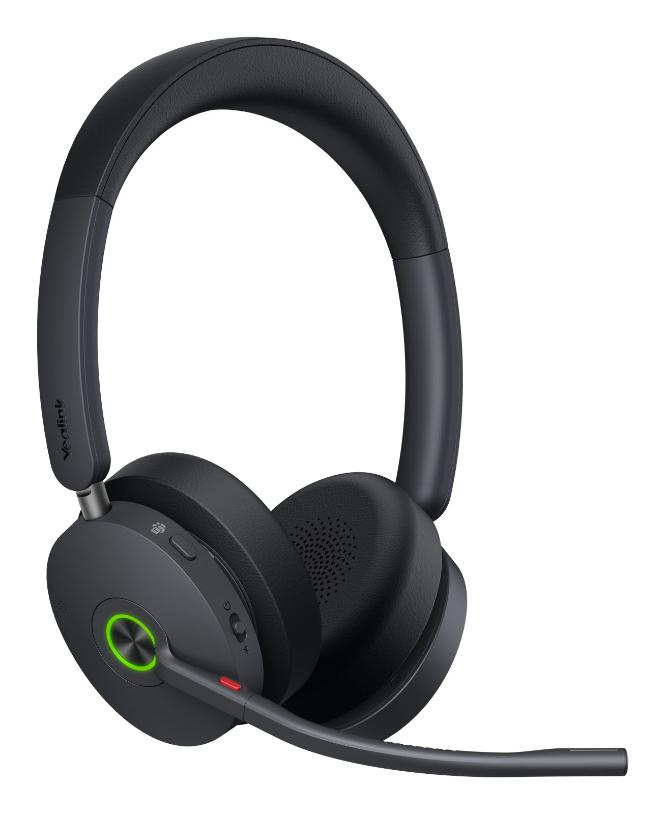 Cuffie wireless Yealink nere con microfono e anello luminoso verde.