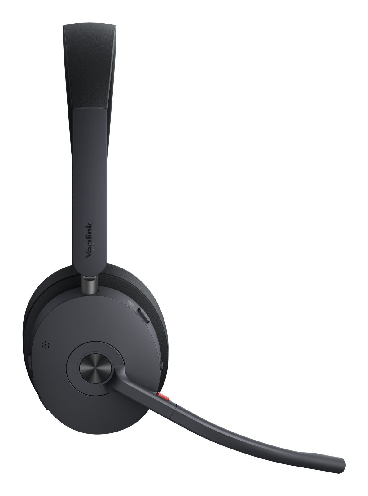 Un auricolare grigio scuro con microfono, il logo Yealink è visibile.