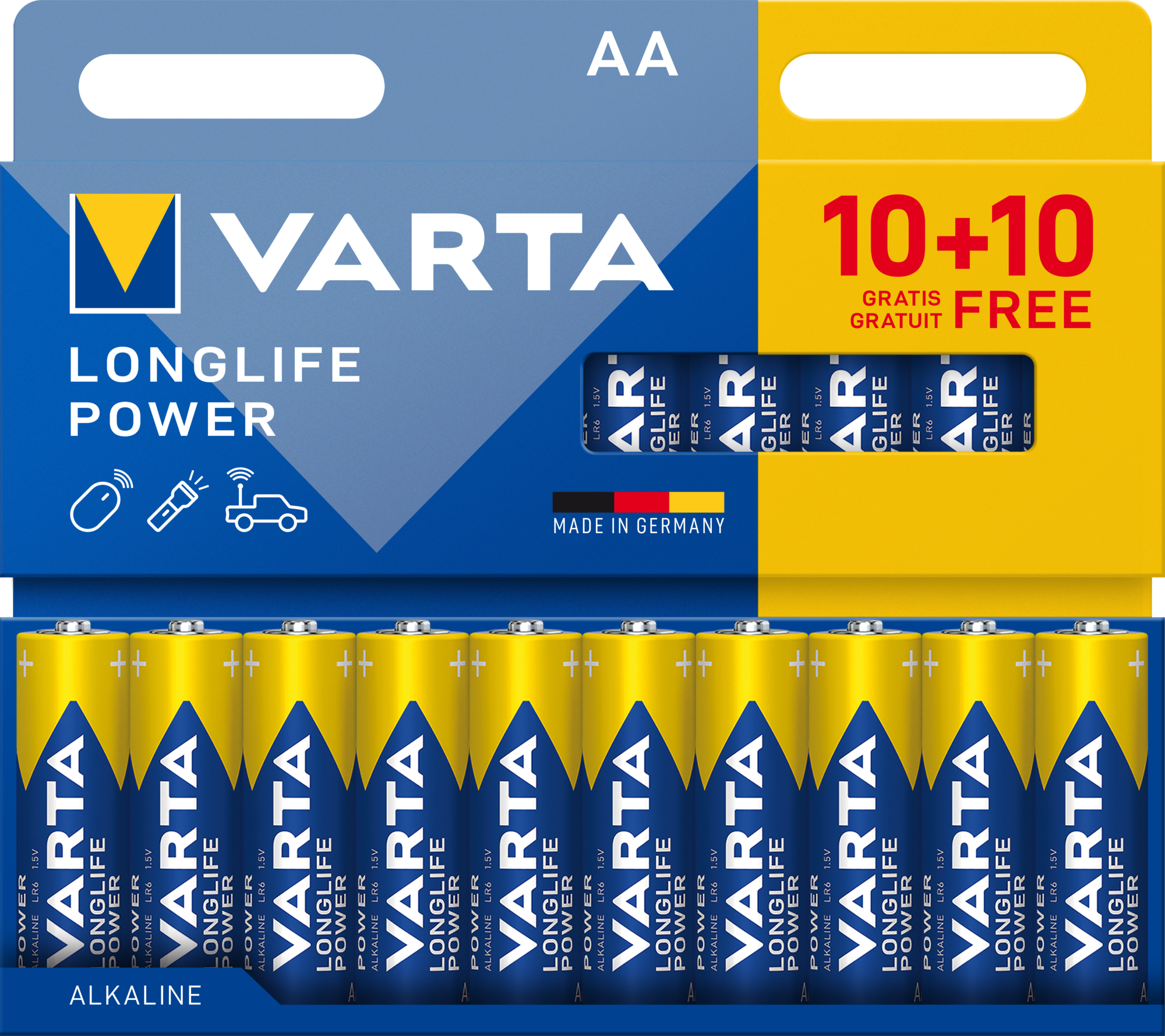 Varta AA Batterien, 20er Pack, gelb mit blauem Logo, "10+10 GRATIS FREE"