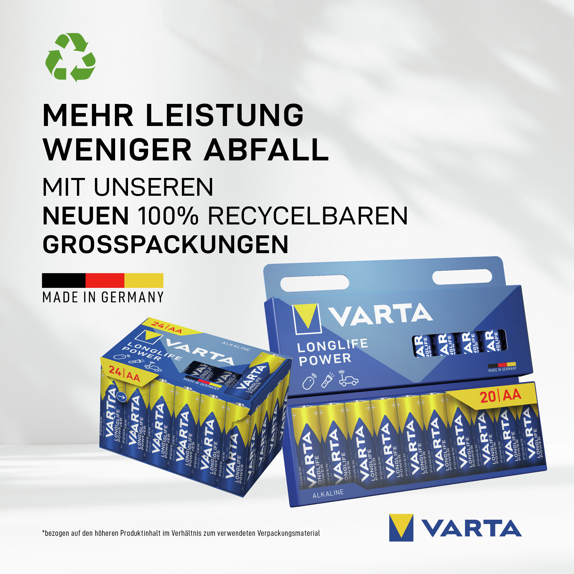 Varta AA Batterien in Großpackungen, 100% recycelbar, Made in Germany.