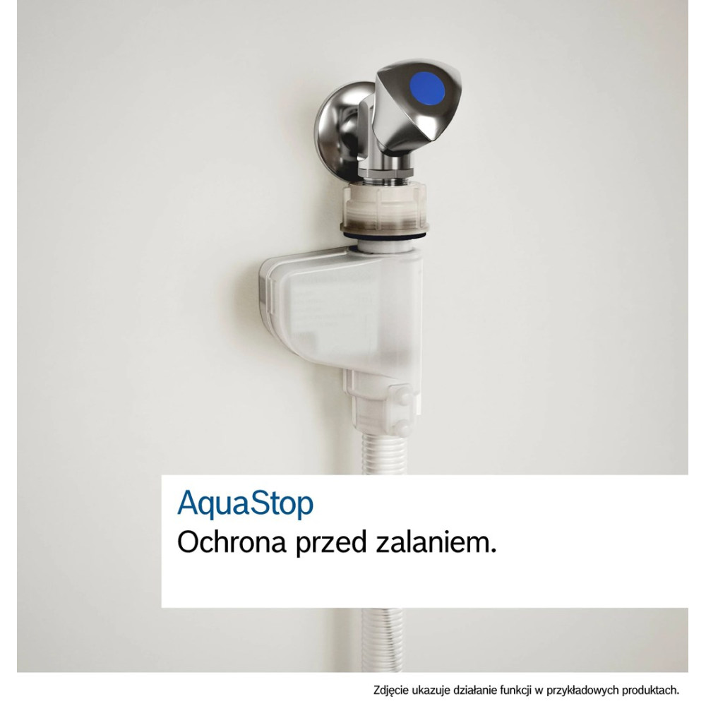 Urządzenie AquaStop z niebieskim przyciskiem na białej ścianie, ochrona przed zalaniem.