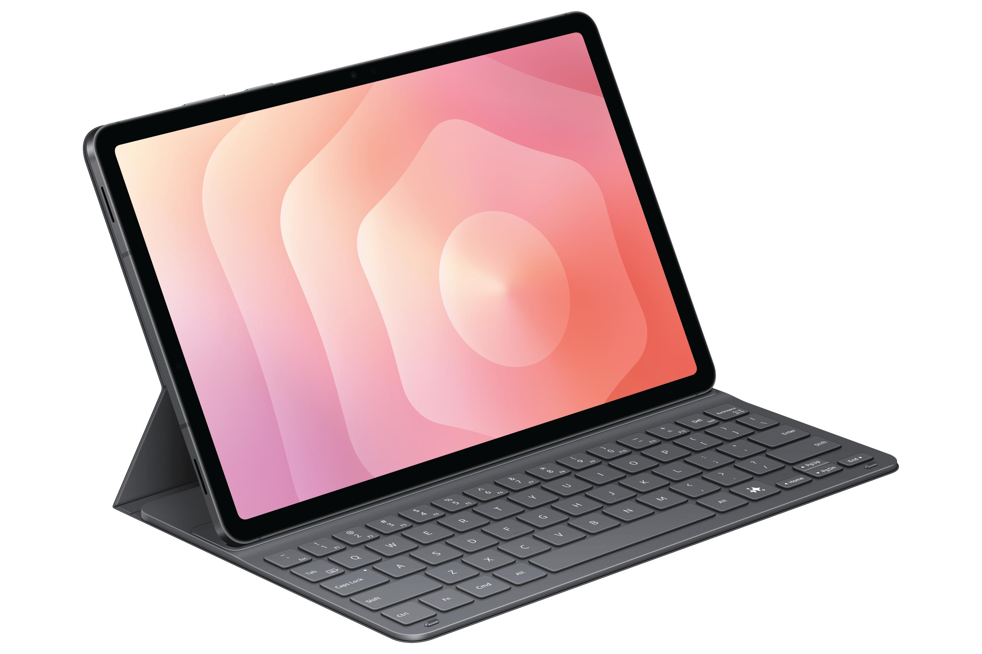 Un tablet grigio con custodia tastiera, che mostra uno sfondo colorato.