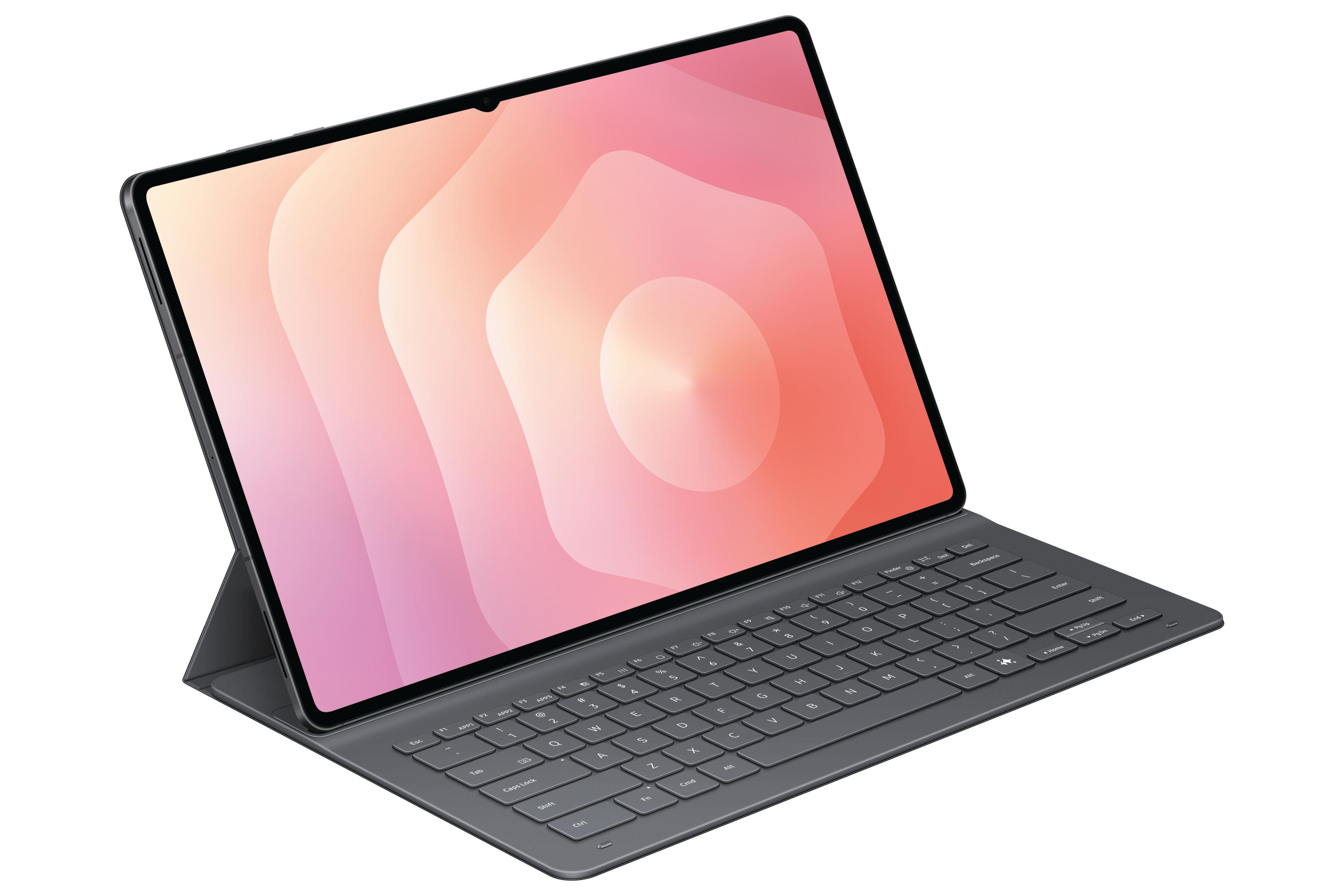 Ein dunkles Tablet mit Tastatur und einem bunten Hintergrund.