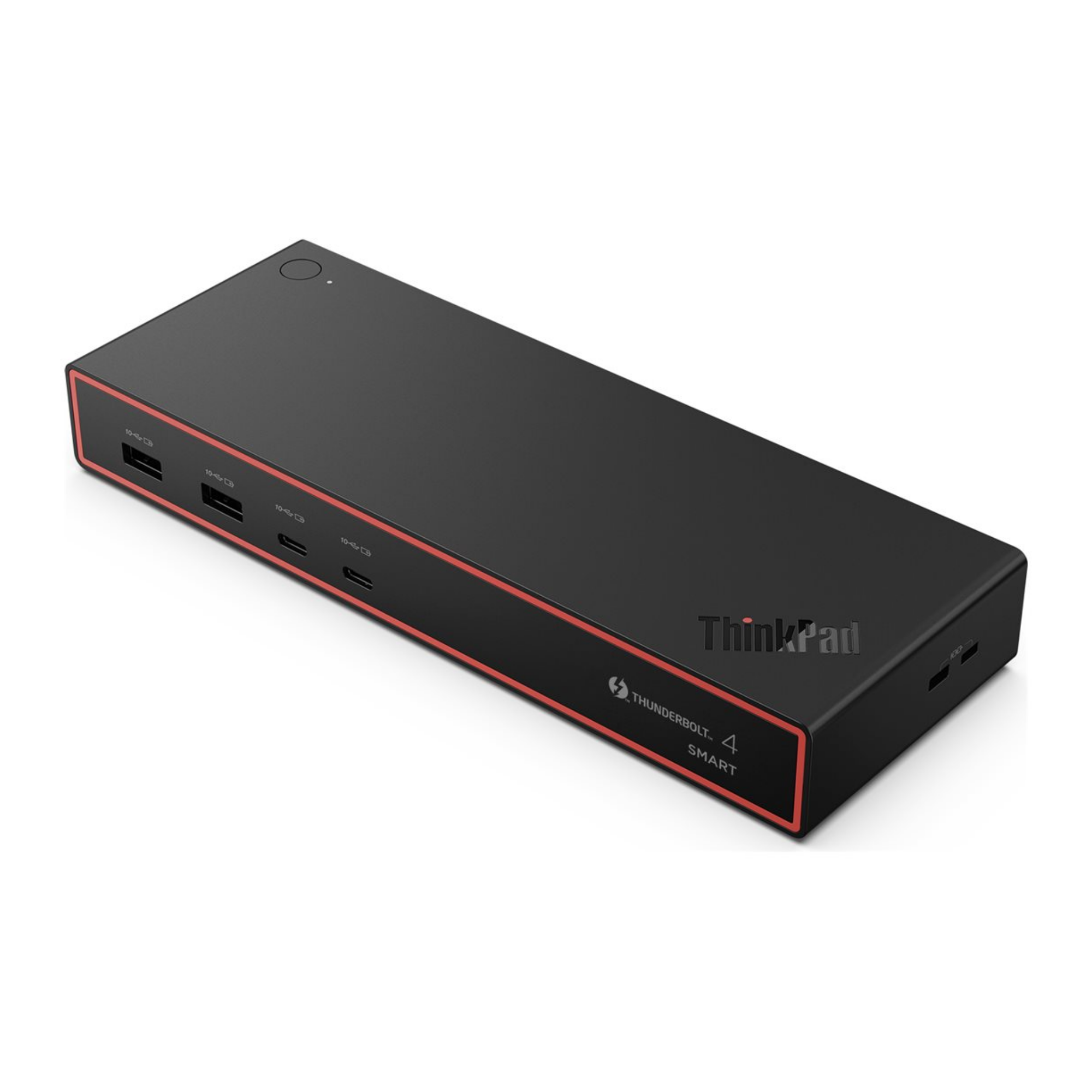 Schwarzer Thunderbolt 4 Dock mit rotem Rand, USB-Ports und ThinkPad-Logo.
