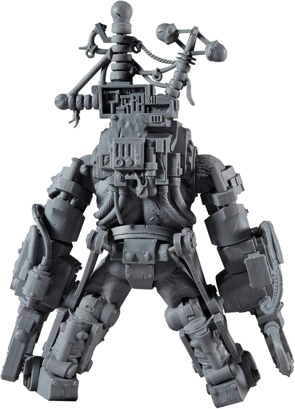 Grauer, detaillierter Cyborg mit vielen Kabeln und mechanischen Teilen.