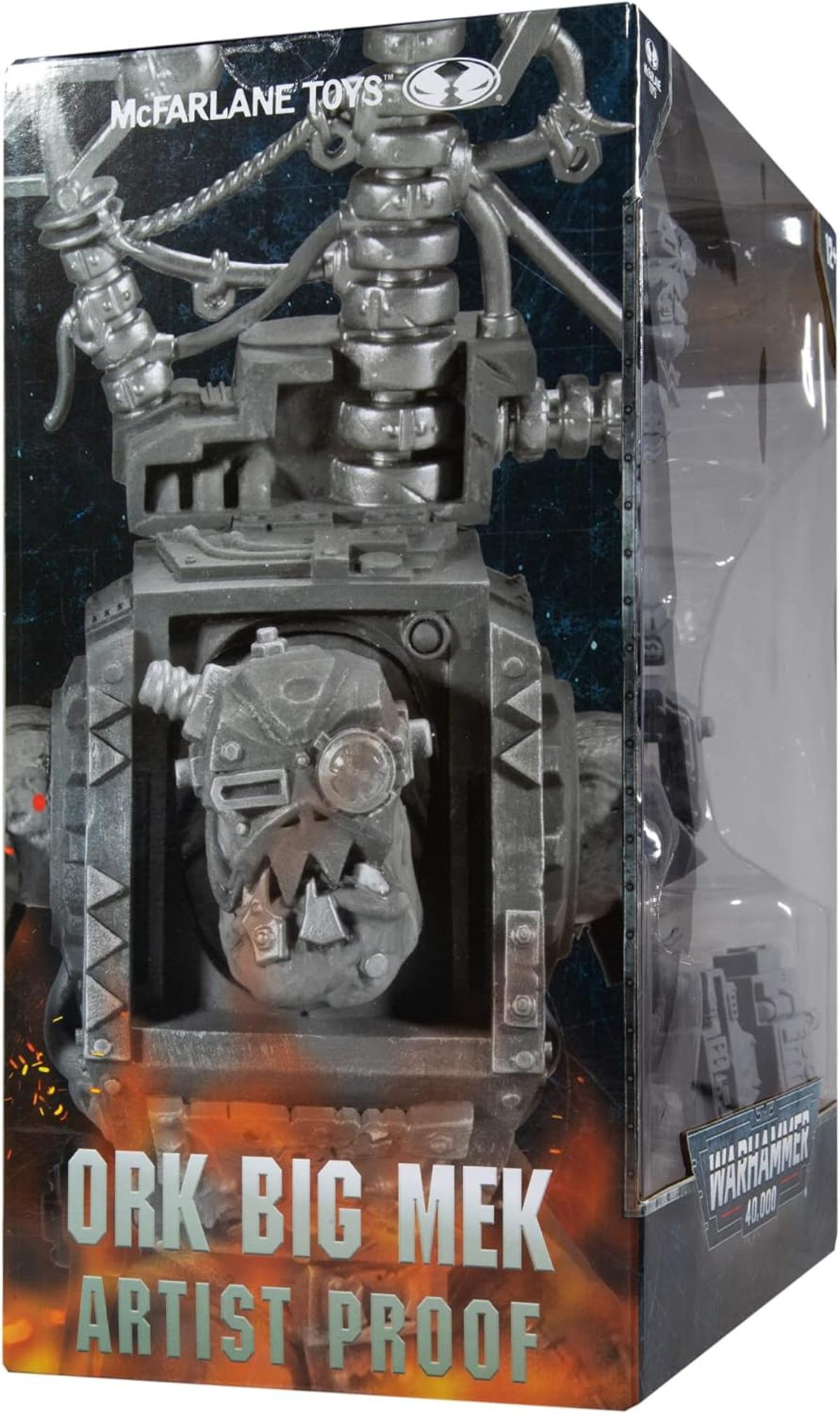 Ein graues Ork Big Mek Actionfigur-Display in einer Verpackung mit Warhammer 40.000-Logo.