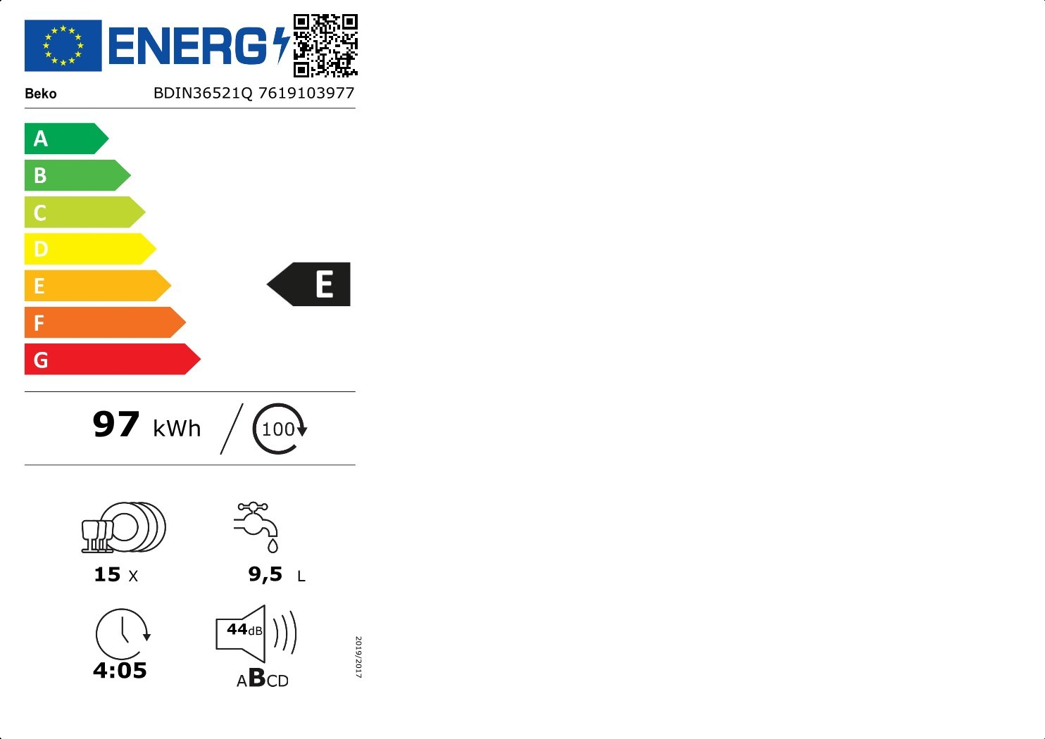 Etichetta energetica classe E, 97 kWh/100 cicli, 15 coperti, 9,5 L acqua, 44 dB.