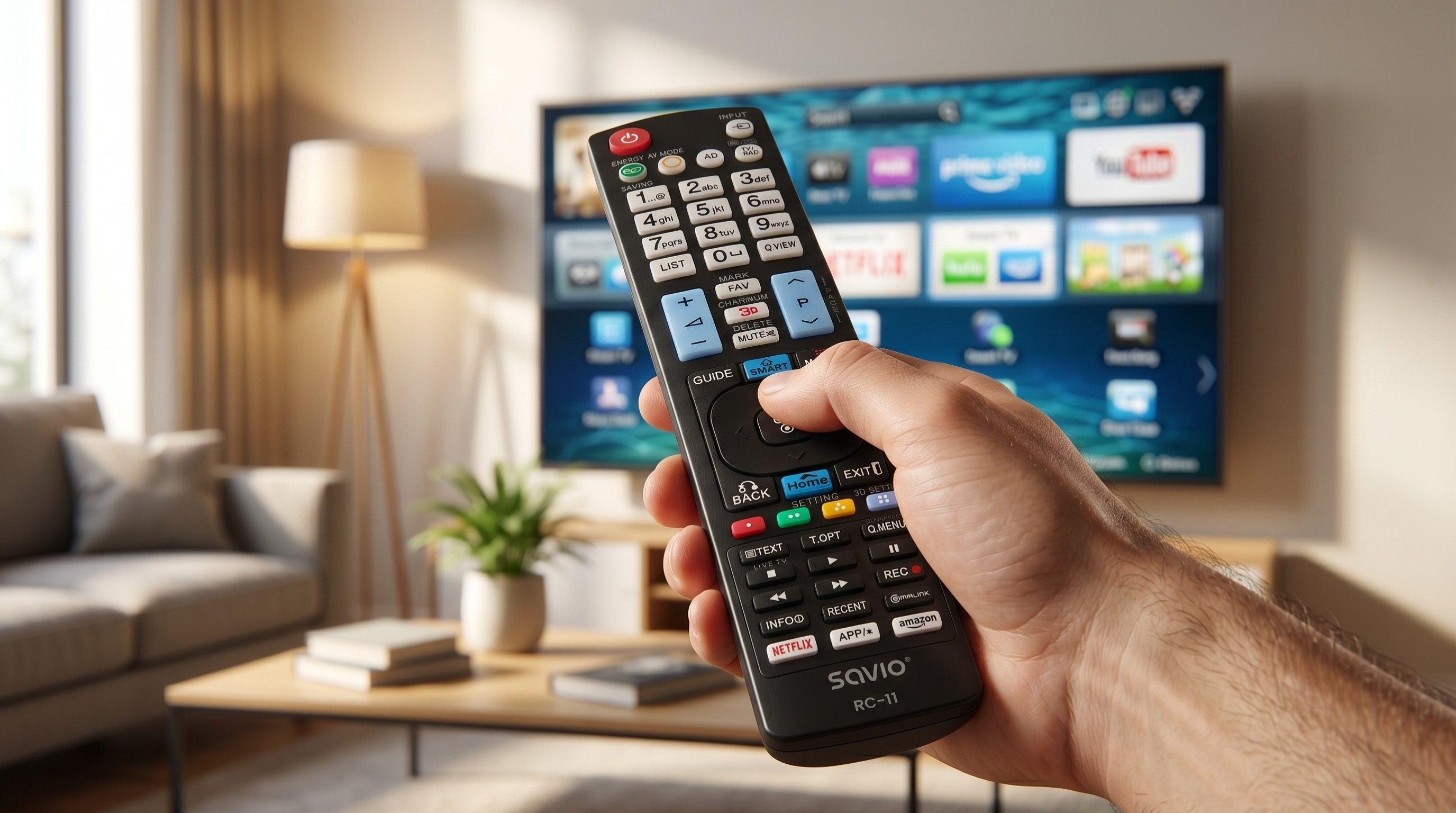Ręka trzyma pilot przed telewizorem smart z ikonami aplikacji.