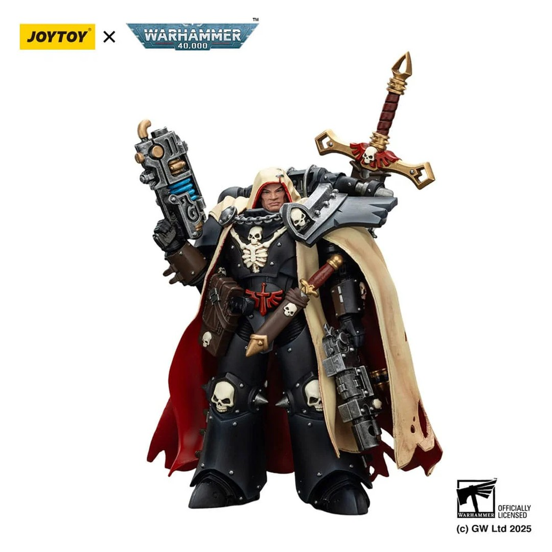 Figurka Space Marine z hełmem, mieczem i bronią, czarny, czerwony, beżowy.