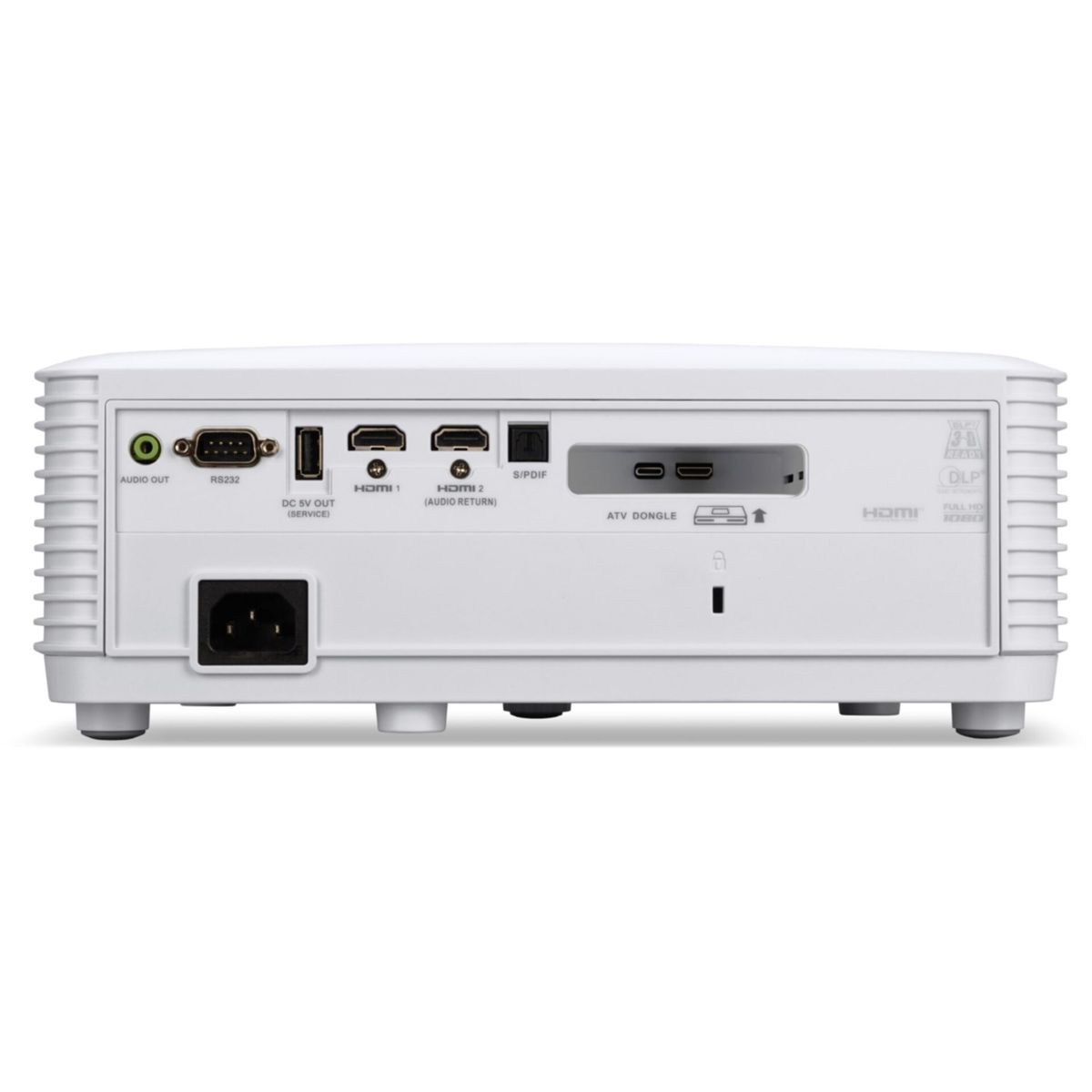 Tył białego projektora z portami: Audio Out, RS232, HDMI 1, HDMI 2, S/PDIF.