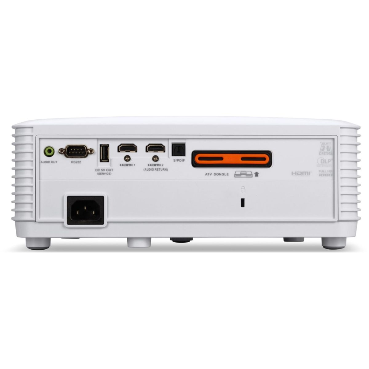 Tył białego projektora z portami: Audio, RS232, HDMI, S/PDIF, wejście zasilania.