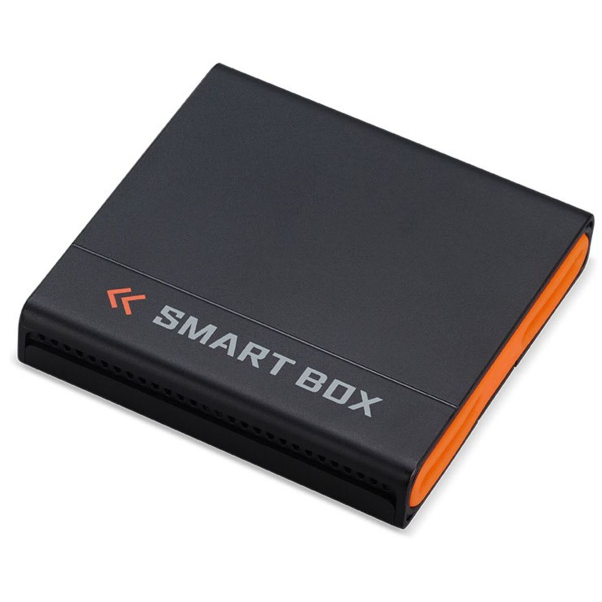 Czarna Smart Box z pomarańczowymi akcentami i otworami wentylacyjnymi.
