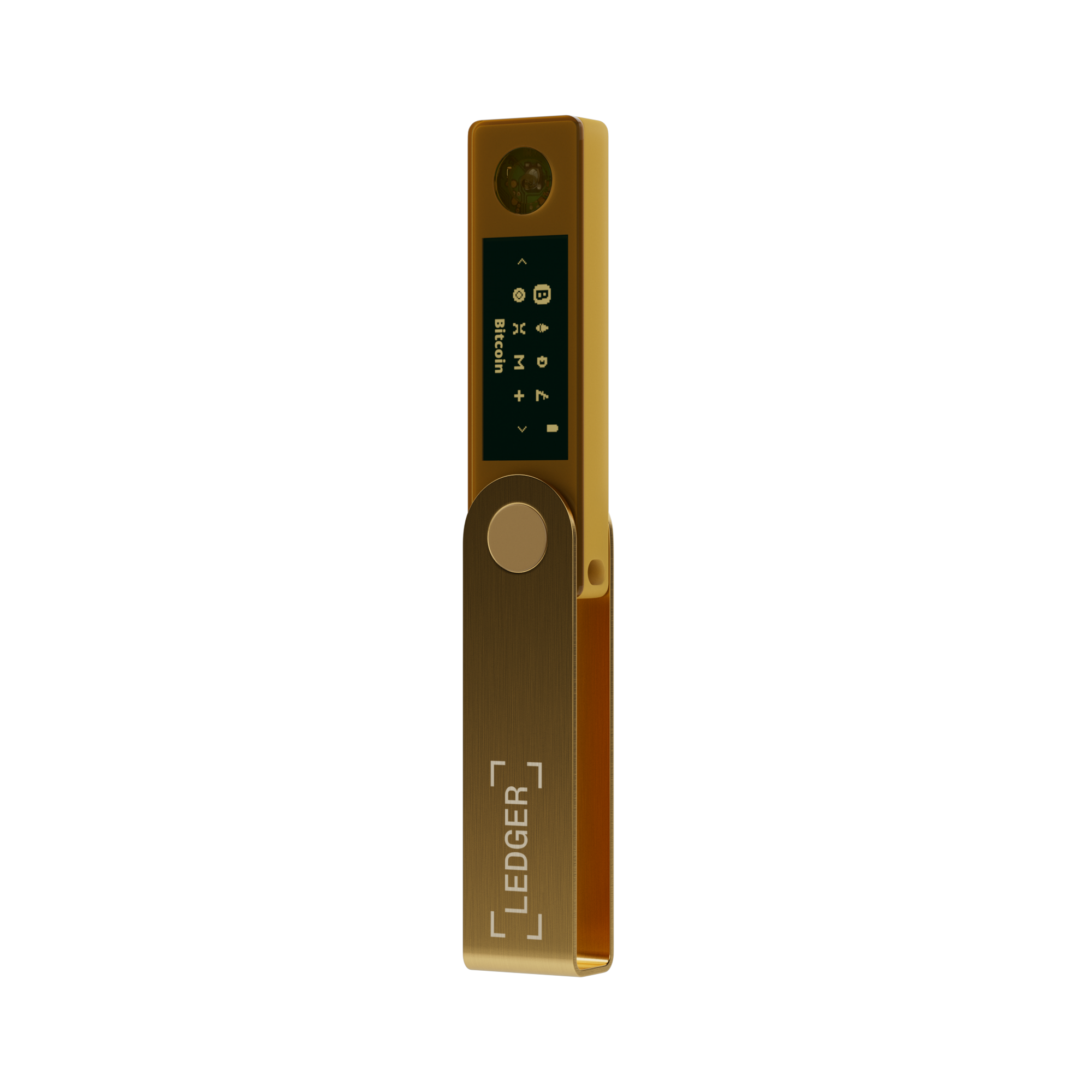 Złoty portfel sprzętowy Ledger z symbolem Bitcoin na ekranie.