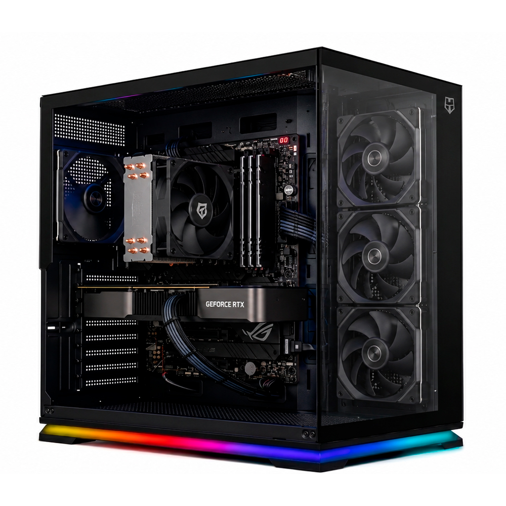 Un PC gaming negro con iluminación RGB en la base. Cuenta con múltiples ventiladores y una tarjeta gráfica GeForce RTX.
