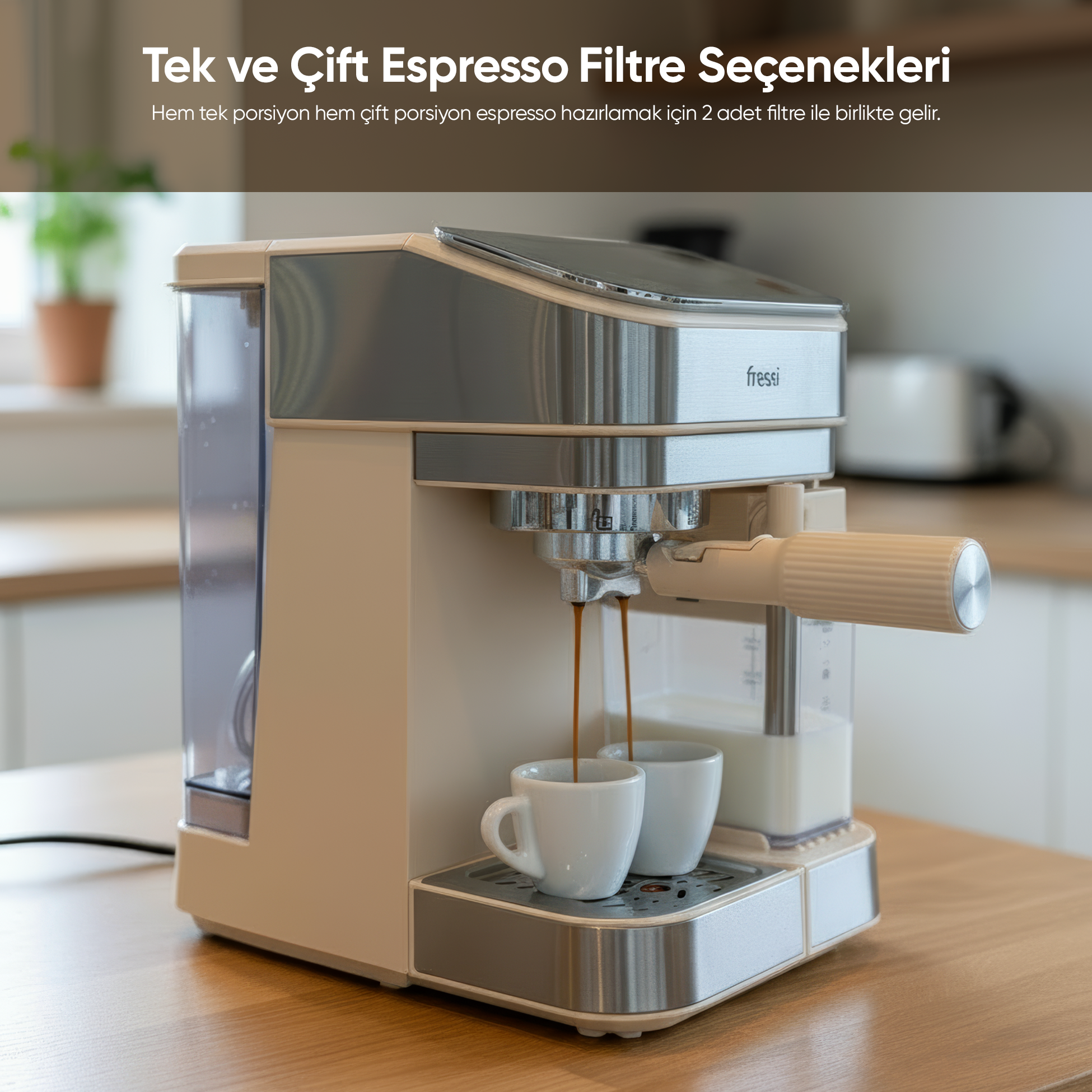 Bir espresso makinesi, ahşap bir masada iki beyaz fincana kahve yapıyor.