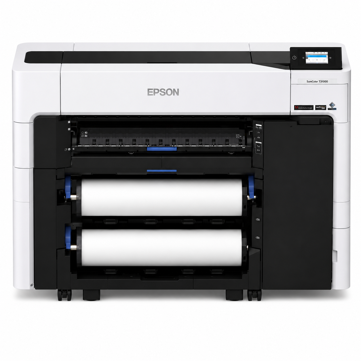 Biała drukarka Epson SureColor T31000 z dwoma dużymi rolkami papieru.