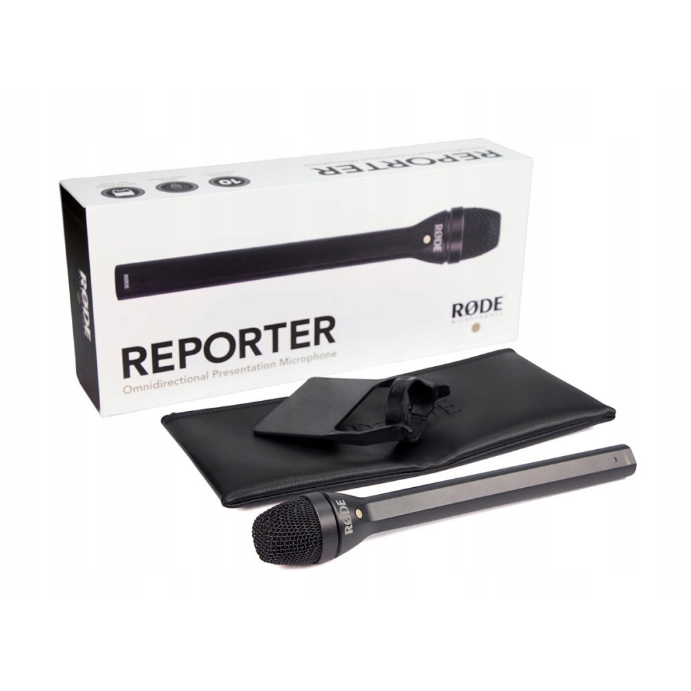Rode Reporter Mikrofon mit Box und schwarzer Ledertasche. Weißer Hintergrund.