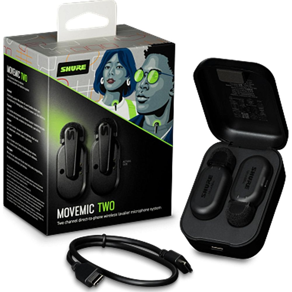 Zestaw mikrofonów Shure Movemic Two z dwoma mikrofonami klipsowymi w etui ładującym i kablem.