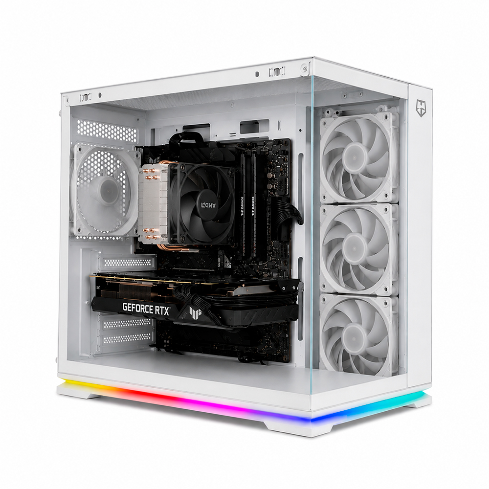 Una caja de PC blanca con iluminación RGB, placa base, disipador de CPU, GPU y ventiladores.