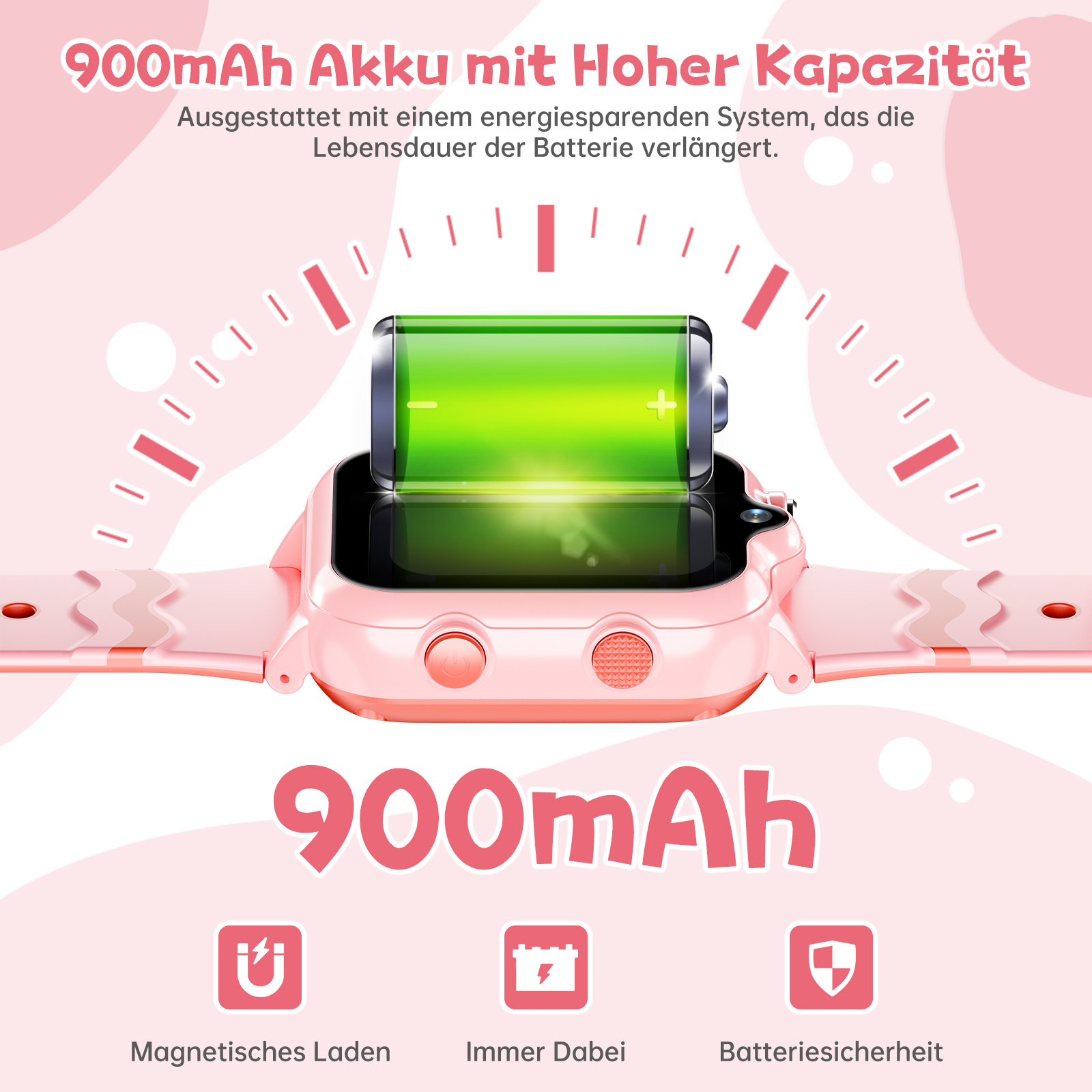 Eine rosa Smartwatch mit einer Akku-Anzeige und Text über Kapazität.
