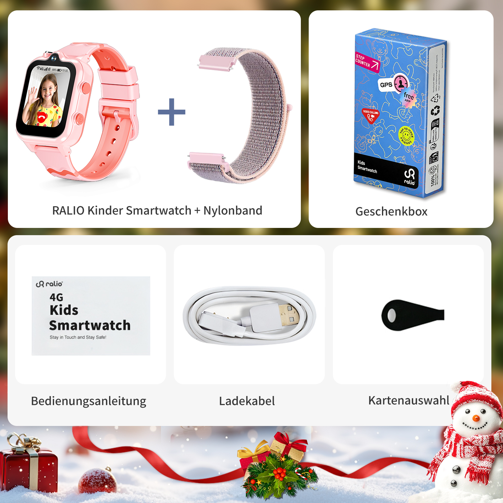 Rosa Kinder-Smartwatch mit Nylonband, Geschenkbox, Anleitung, Kabel und Auswahl.