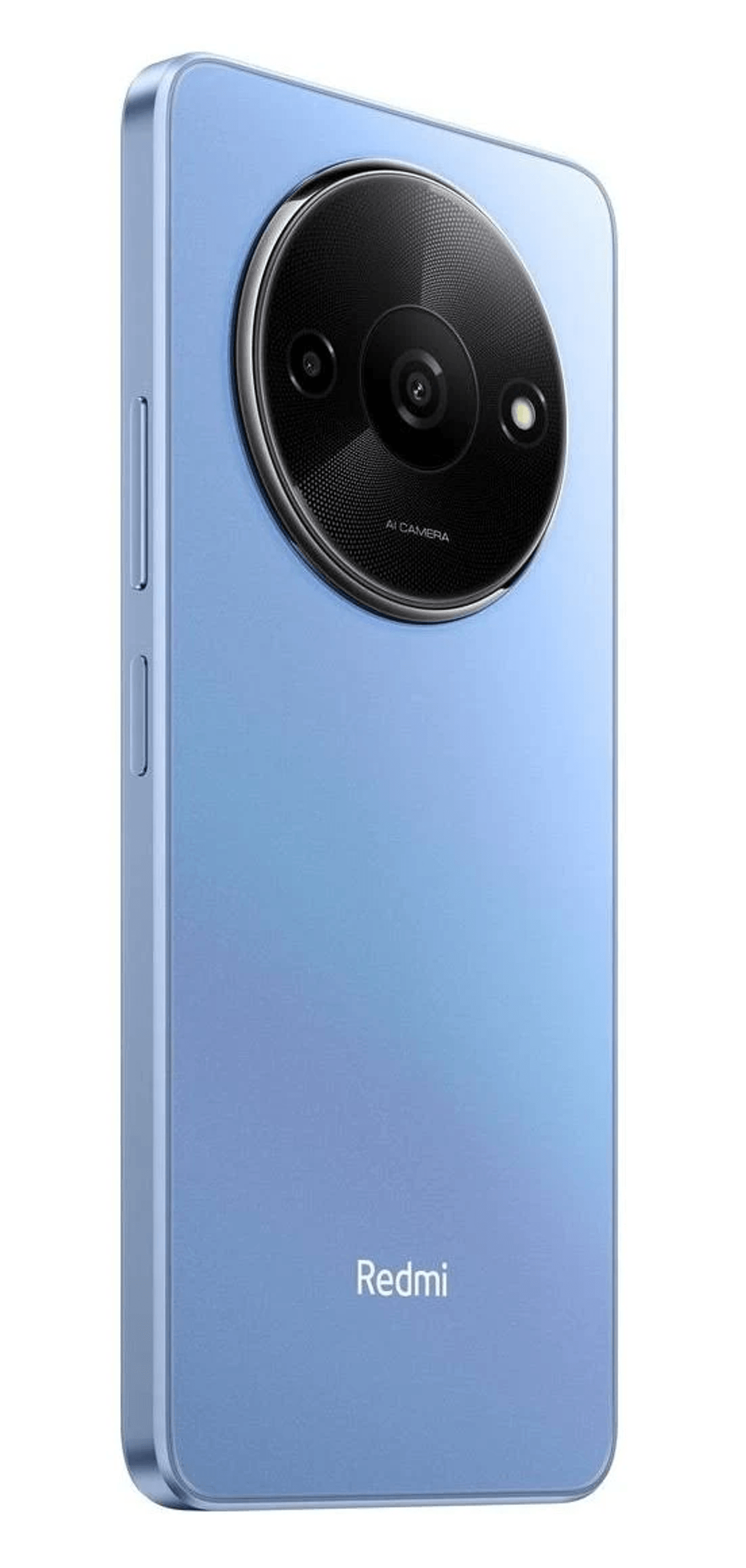 Uno smartphone blu con un alloggiamento rotondo nero per la fotocamera e il logo Redmi.
