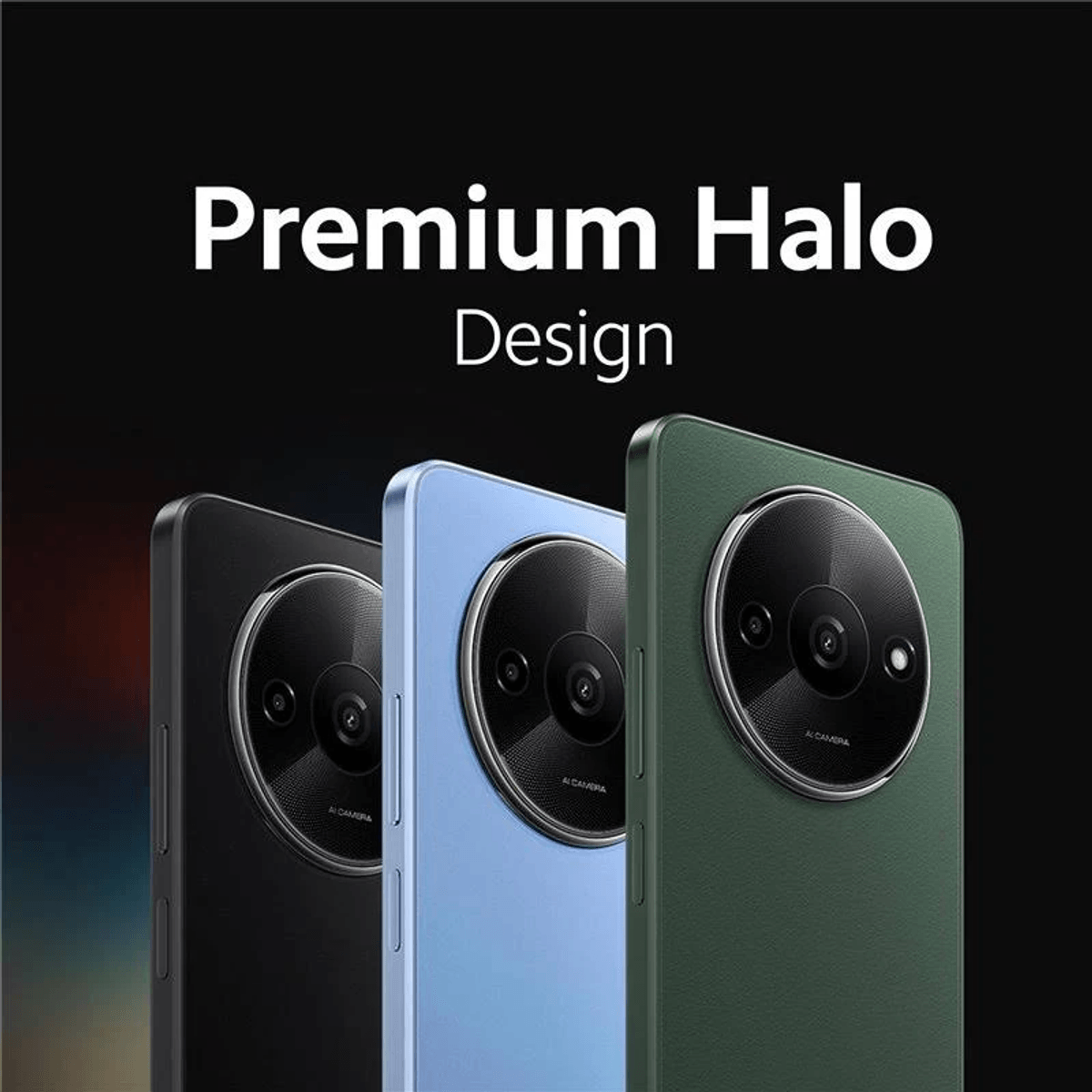 Tre smartphone neri, blu e verdi, che mostrano i design delle fotocamere posteriori.