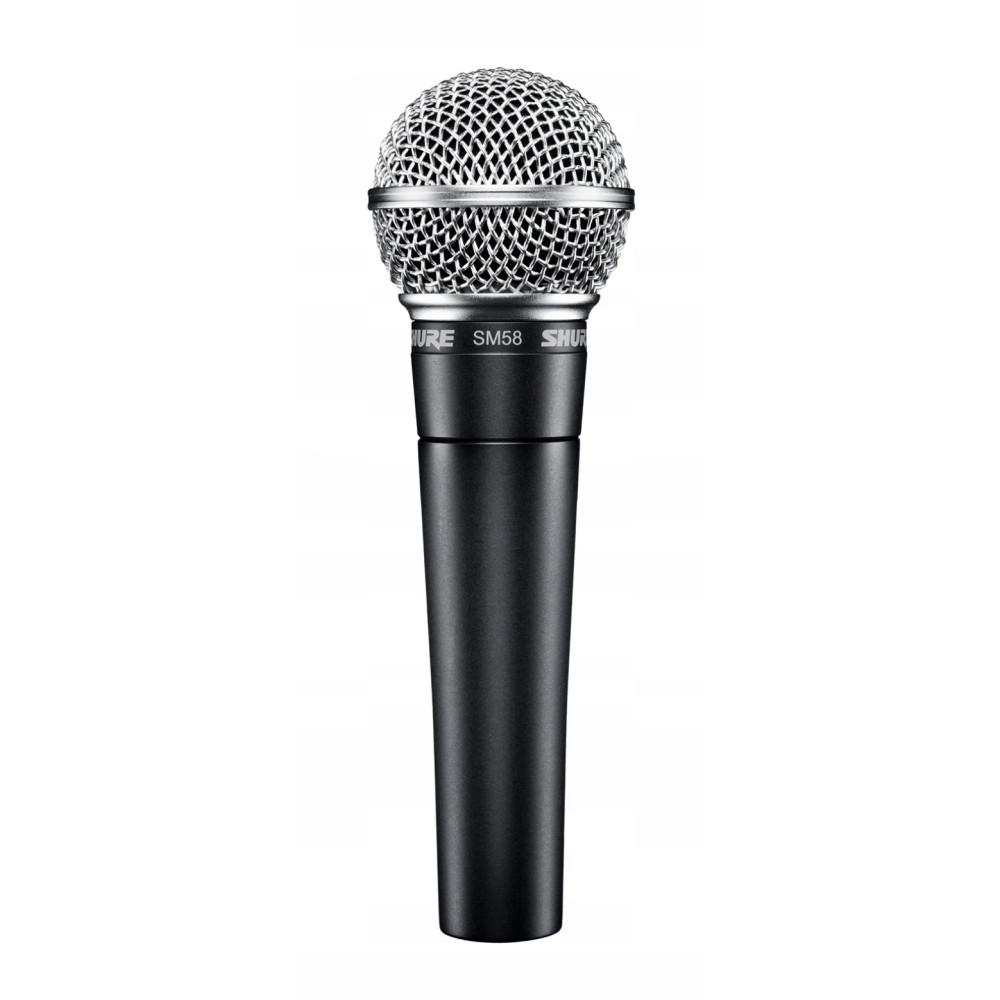 Czarny mikrofon z srebrną głowicą siatkową, z napisem "SHURE SM58".