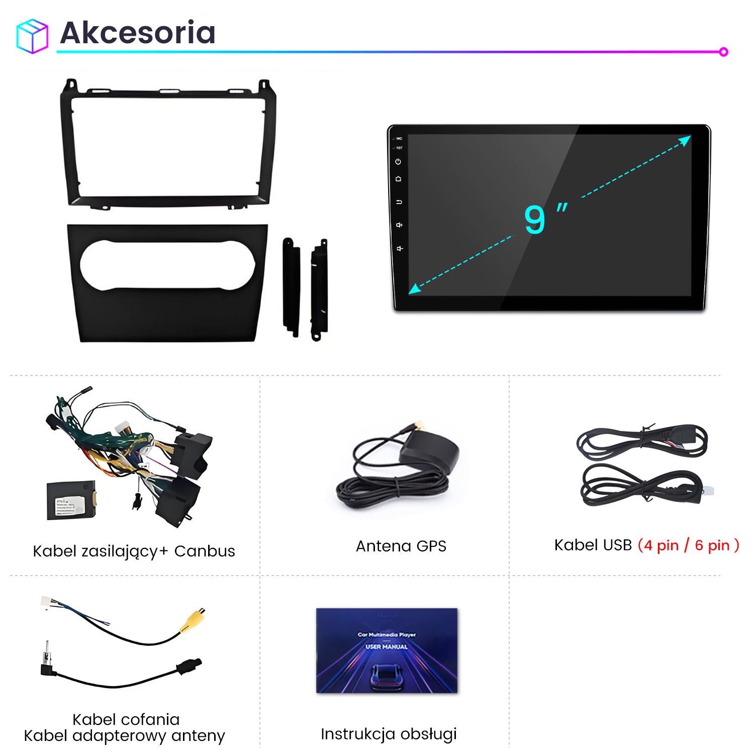 Zestaw radia samochodowego 9 cali z akcesoriami: ramka, kable, antena GPS, kabel USB.