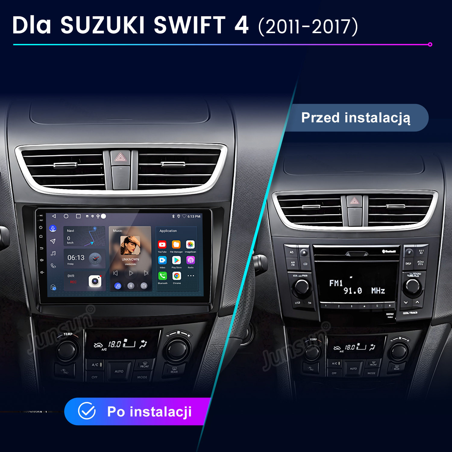 Porównanie przed/po instalacji radia samochodowego Suzuki Swift. Lewo: system dotykowy. Prawo: oryginalne radio.