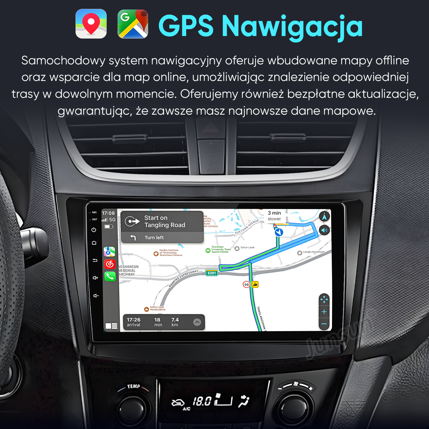 Deska rozdzielcza samochodu z ekranem nawigacji GPS pokazującym trasę.