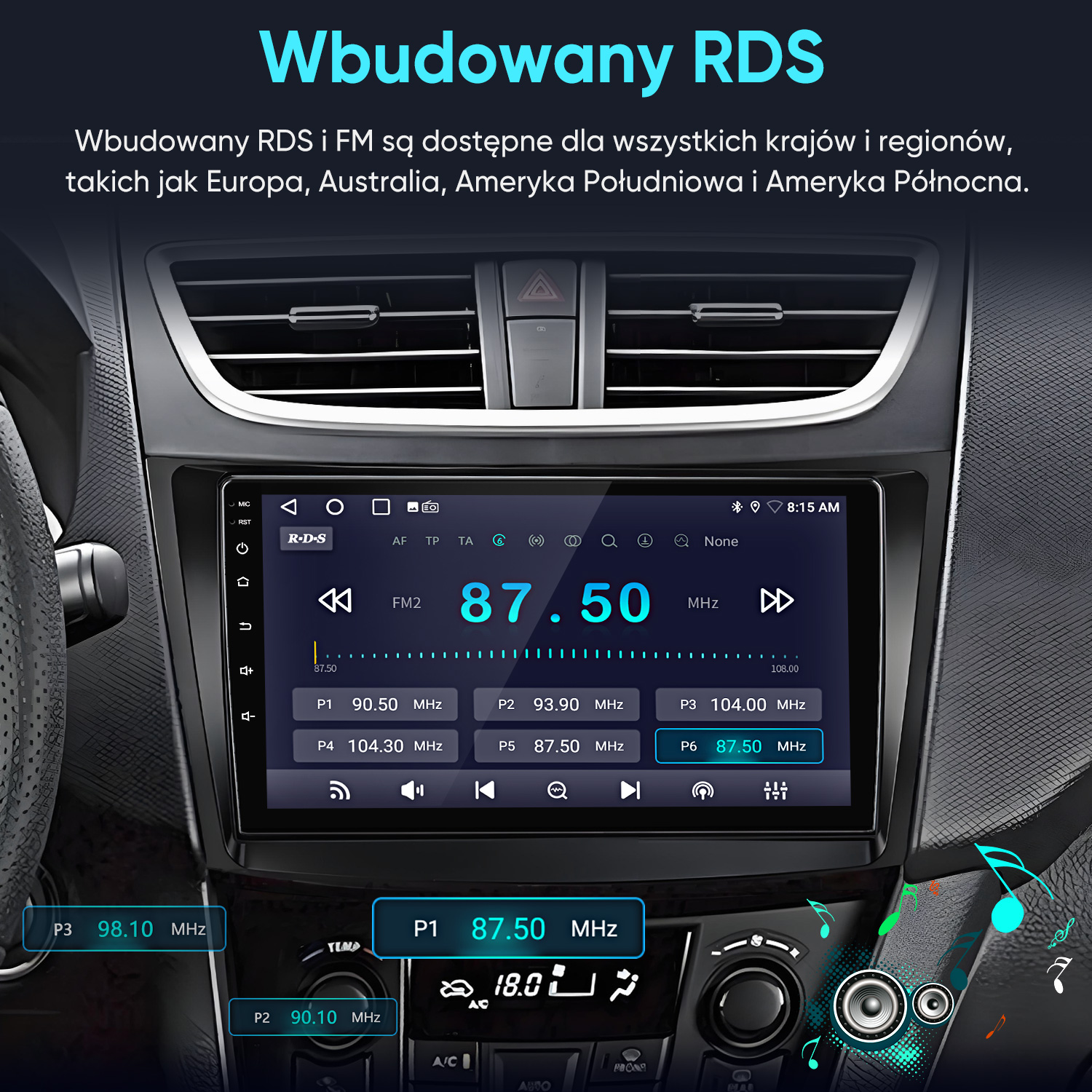 System infotainment samochodu wyświetlający radio RDS/FM na częstotliwości 87,50 MHz.