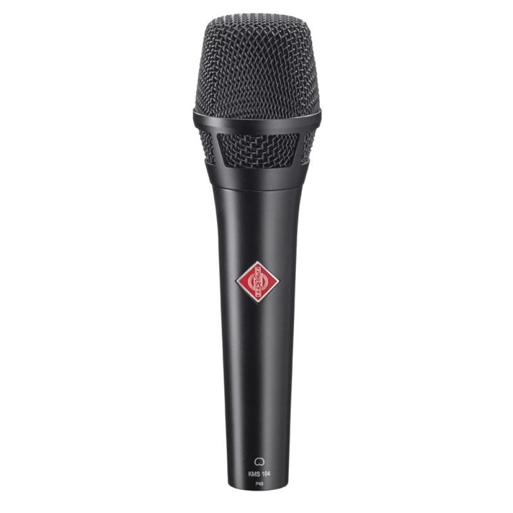 Czarny mikrofon Neumann KMS 104 z czerwonym logo.