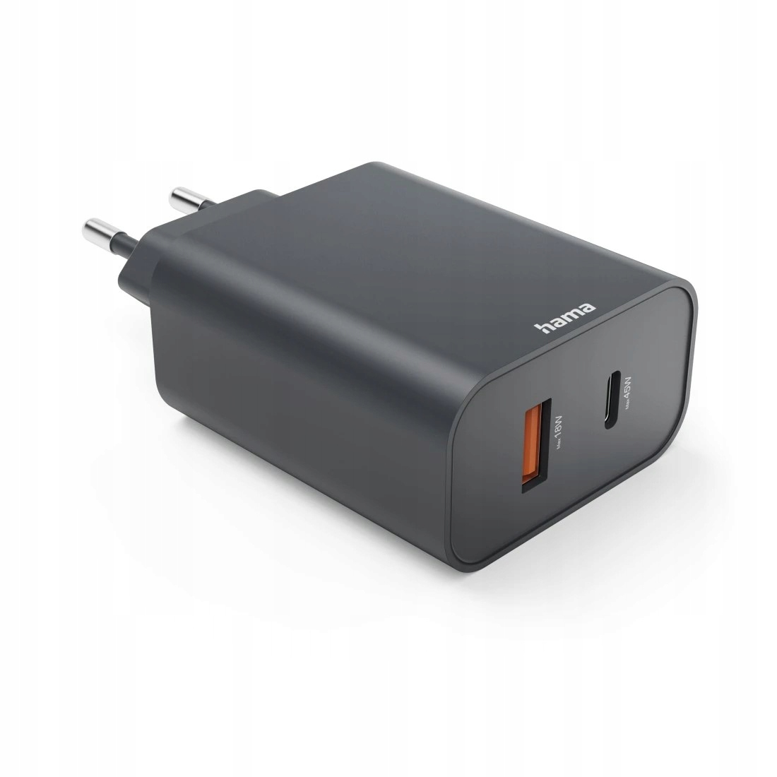 Czarny zasilacz Hama z portami USB-A i USB-C.