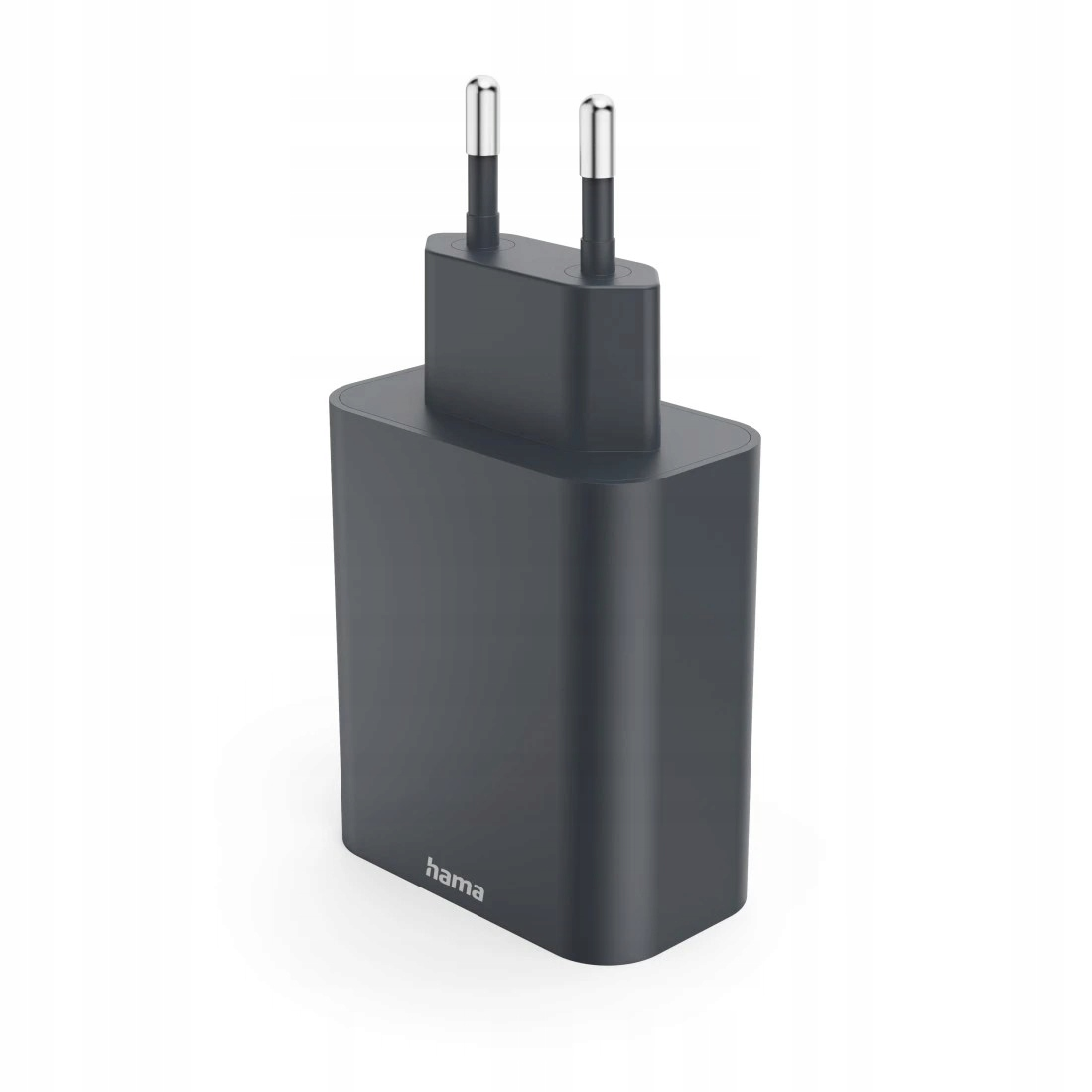 Ciemnoszary adapter zasilający z dwoma metalowymi bolcami i logo Hama.