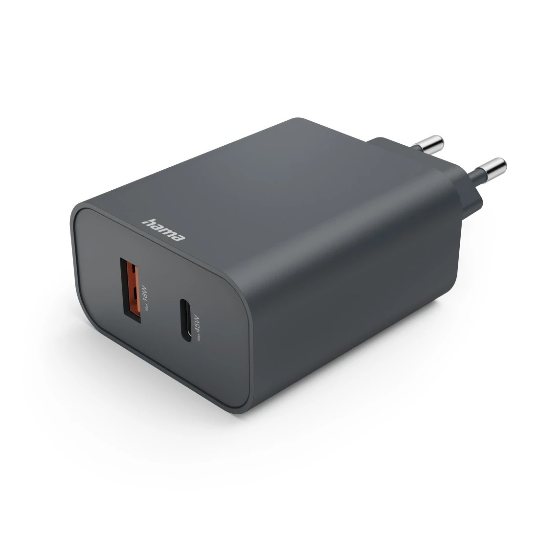 Szara ładowarka Hama USB-C z jednym portem USB-A i jednym USB-C.