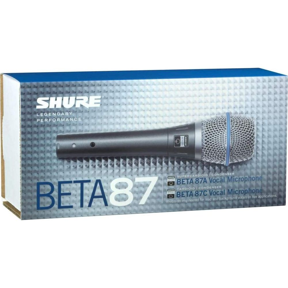 Pudełko mikrofonu wokalnego Shure Beta 87A ze szczegółowymi etykietami.
